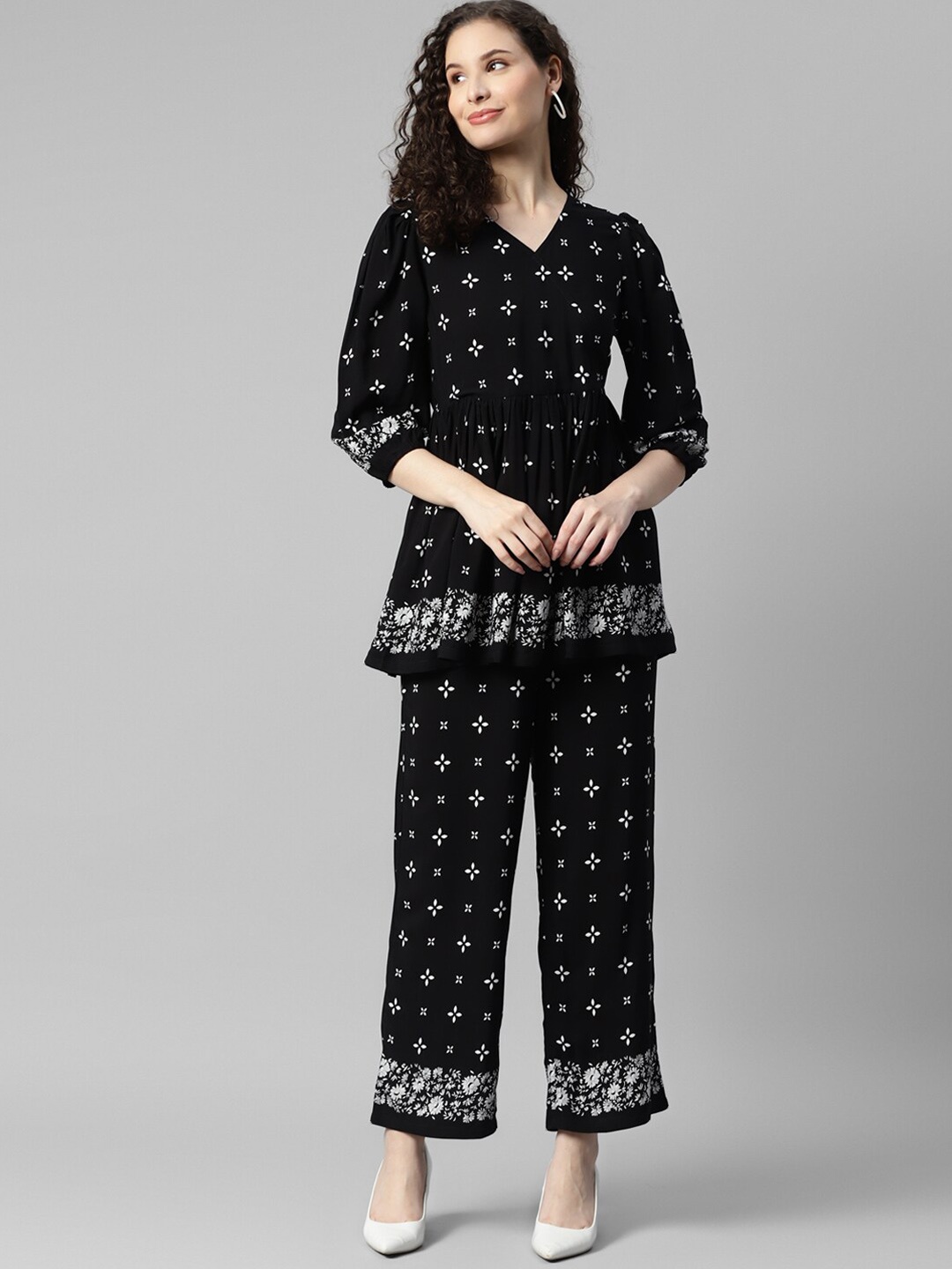 

DEEBACO Ethnic Motif Printed V-Neck Top With Printed Straight Trouser, Black