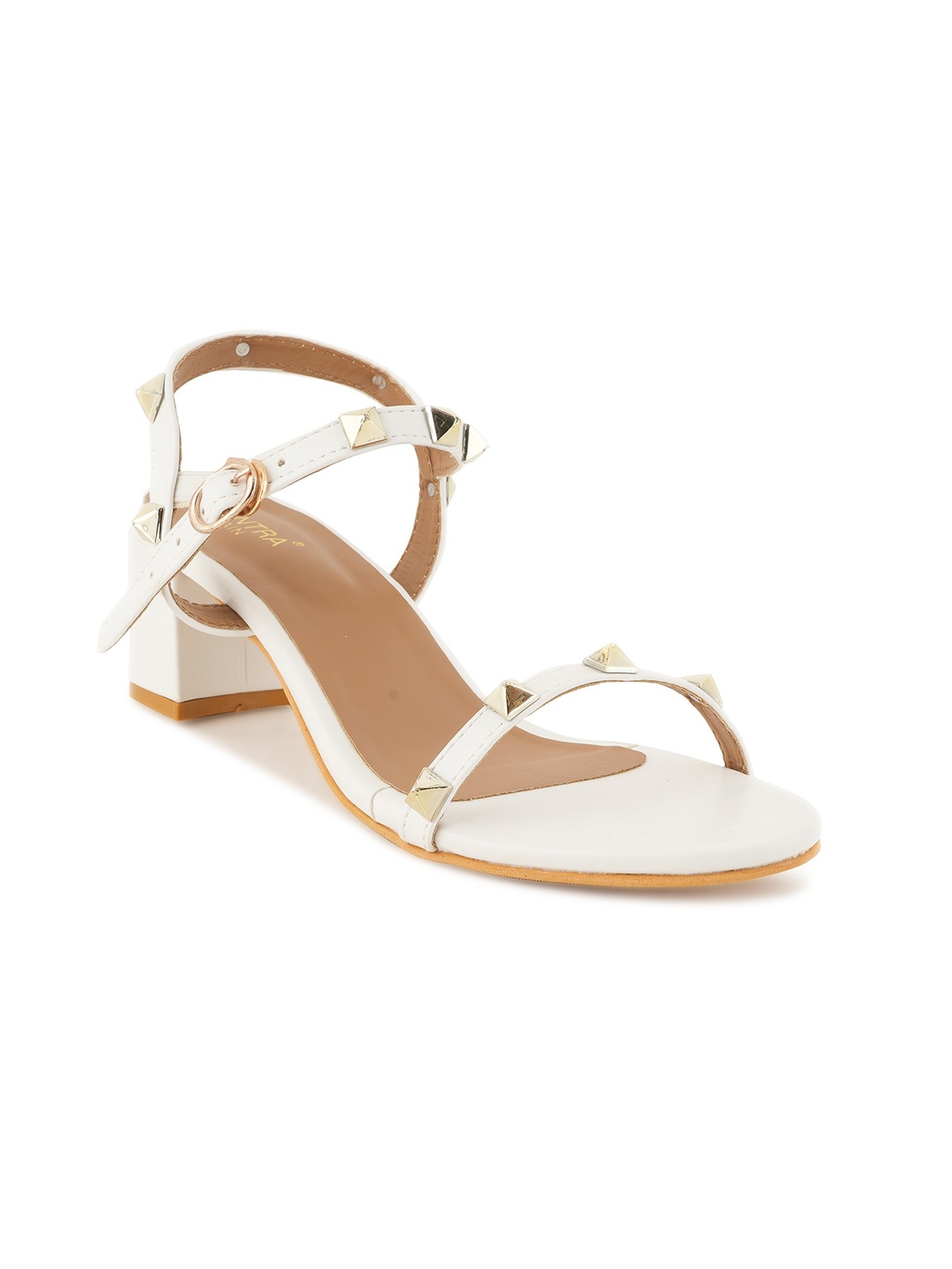 

SCENTRA Embellished Block Heels With Buckles, White