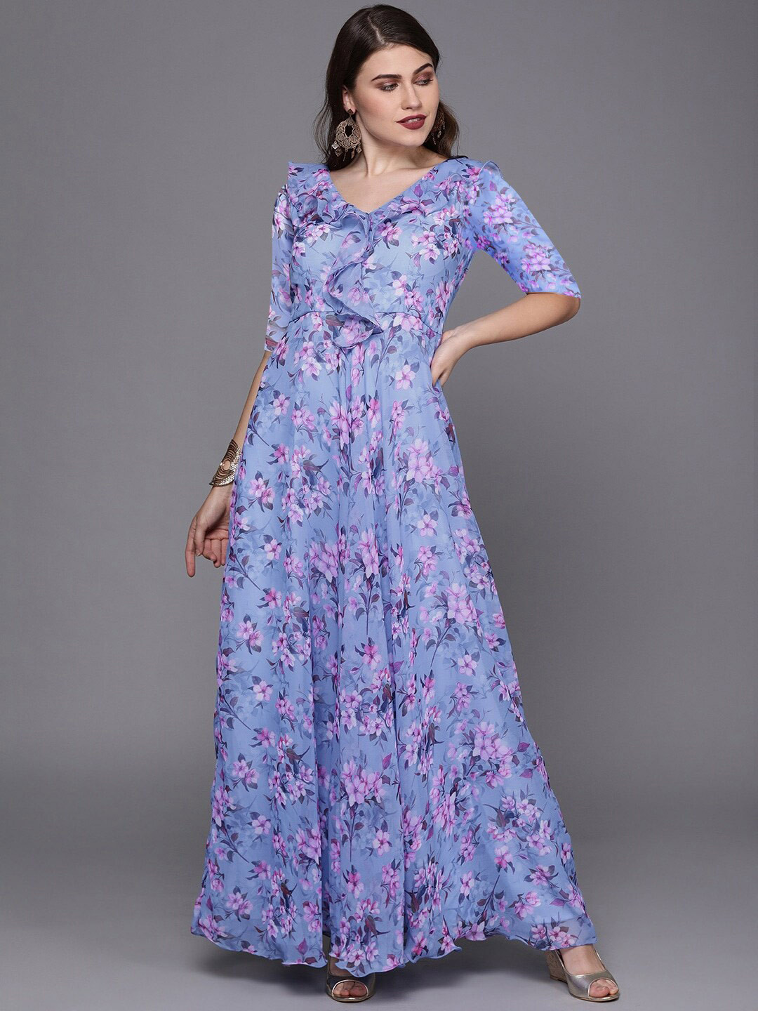 

Ethnovog Floral Printed Georgette Maxi Dress, Blue