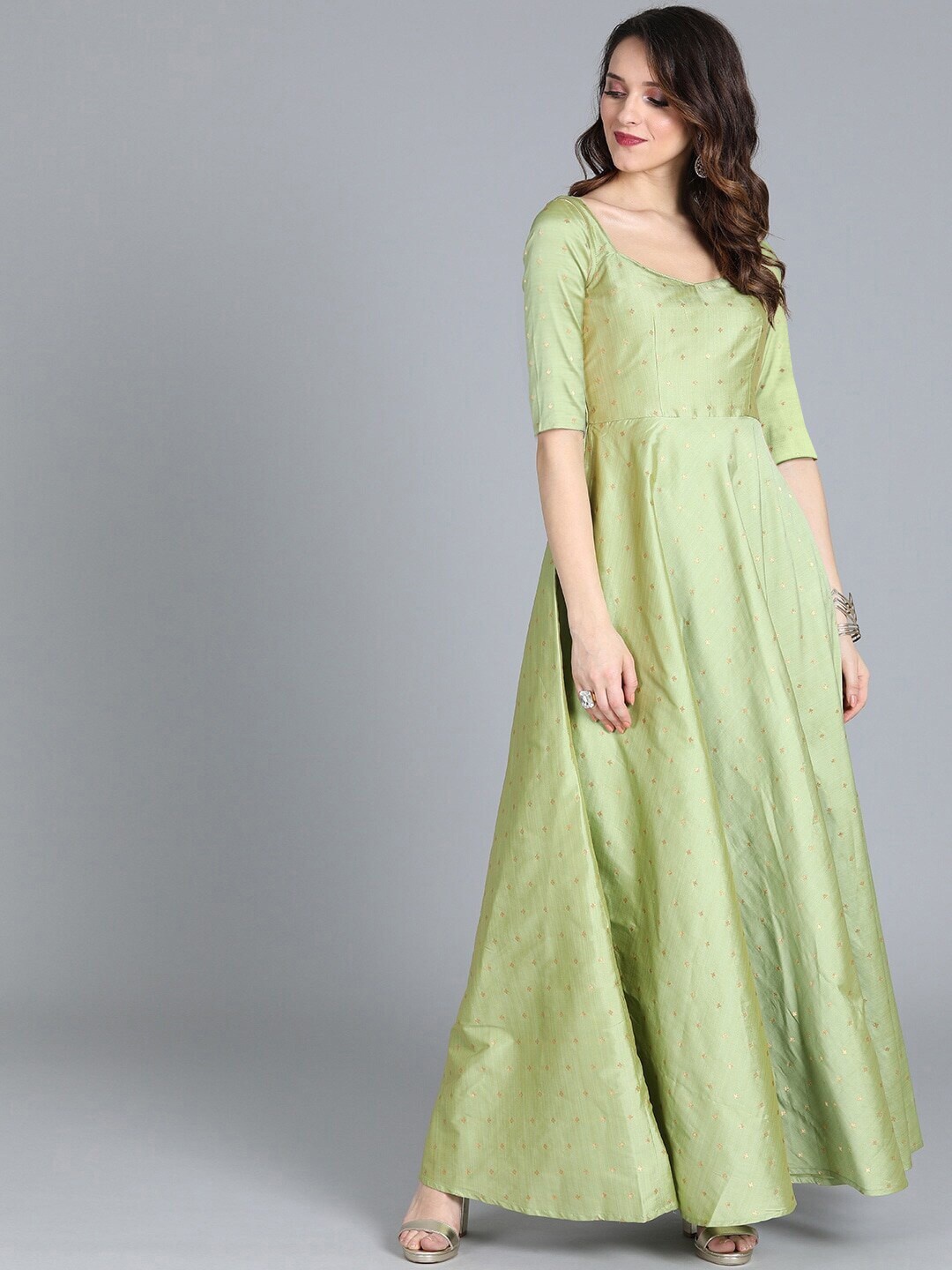 

Ethnovog Ethnic Motifs Self Design Silk Maxi Dress, Green