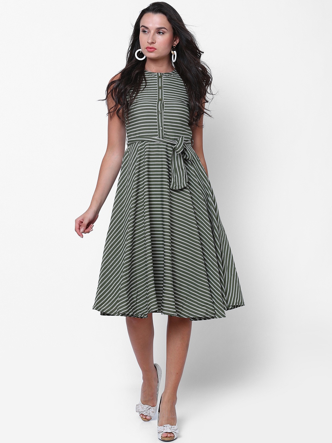 

Tokyo Talkies Women Olive Green Striped Fit and Flare Dress