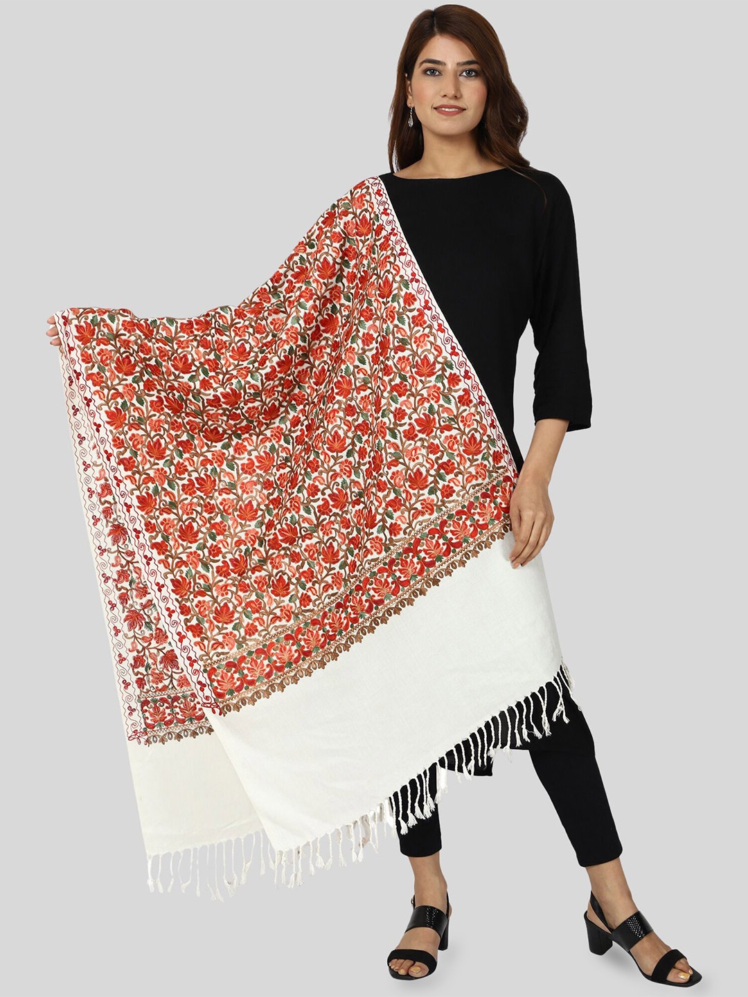 

SWI Stylish Floral Aari Embroidered Shawl, White