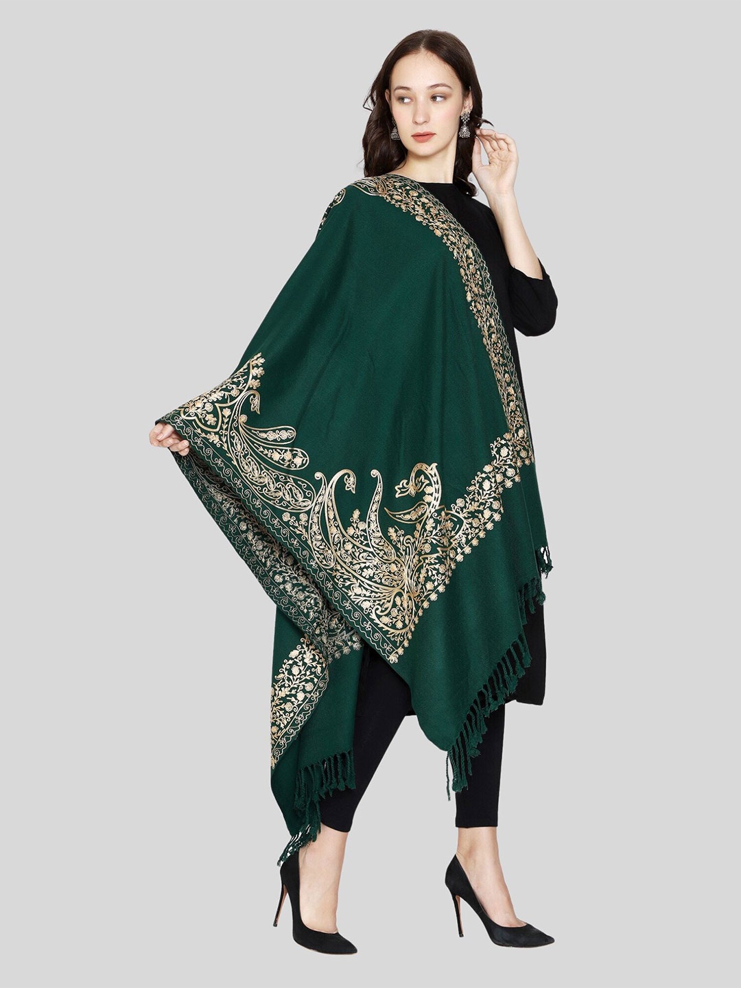 

SWI Stylish Paisley Motifs Printed Woolen With Fringed Border Shawl, Green