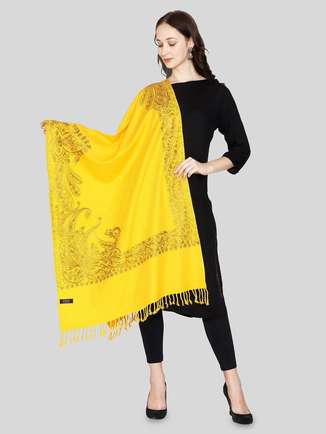 

SWI Stylish Ethnic Motifs Aari Embroidered Shawl, Yellow