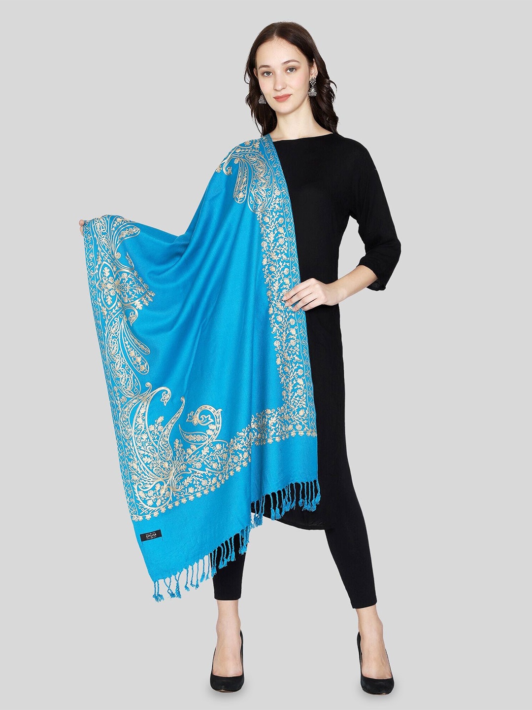 

SWI Stylish Ethnic Motifs Embroidered Shawl, Turquoise blue