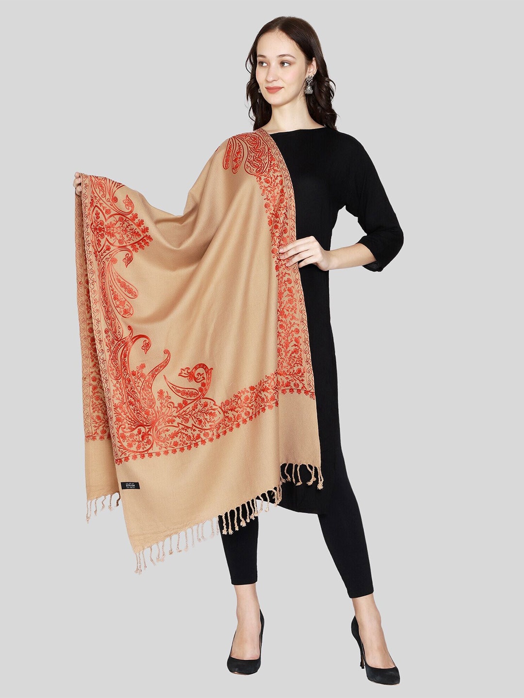 

SWI Stylish Ethnic Motifs Embroidered Tasselled Shawl, Beige