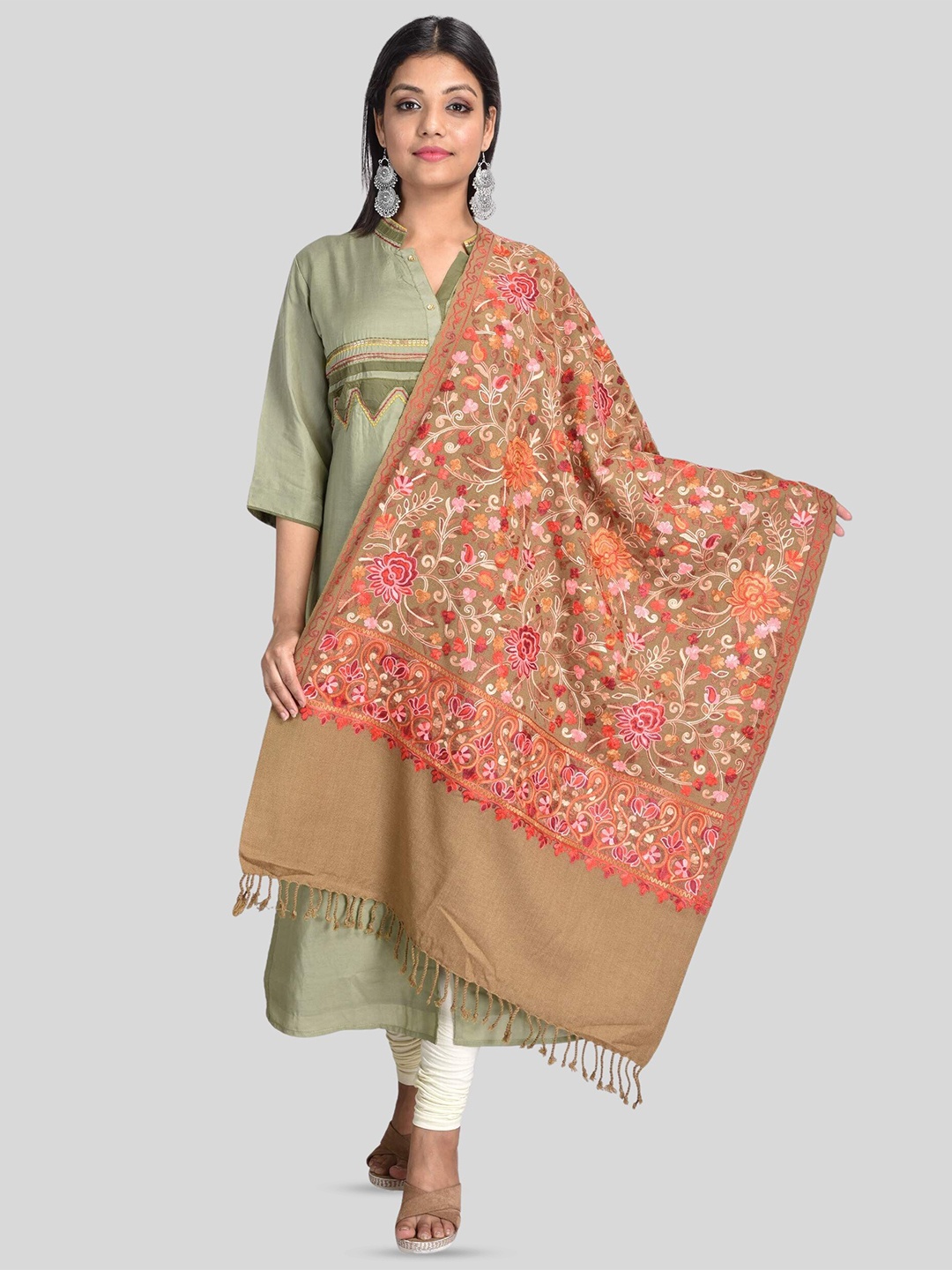 

SWI Stylish Floral Aari Embroidered Fringed Woolen Stole, Beige