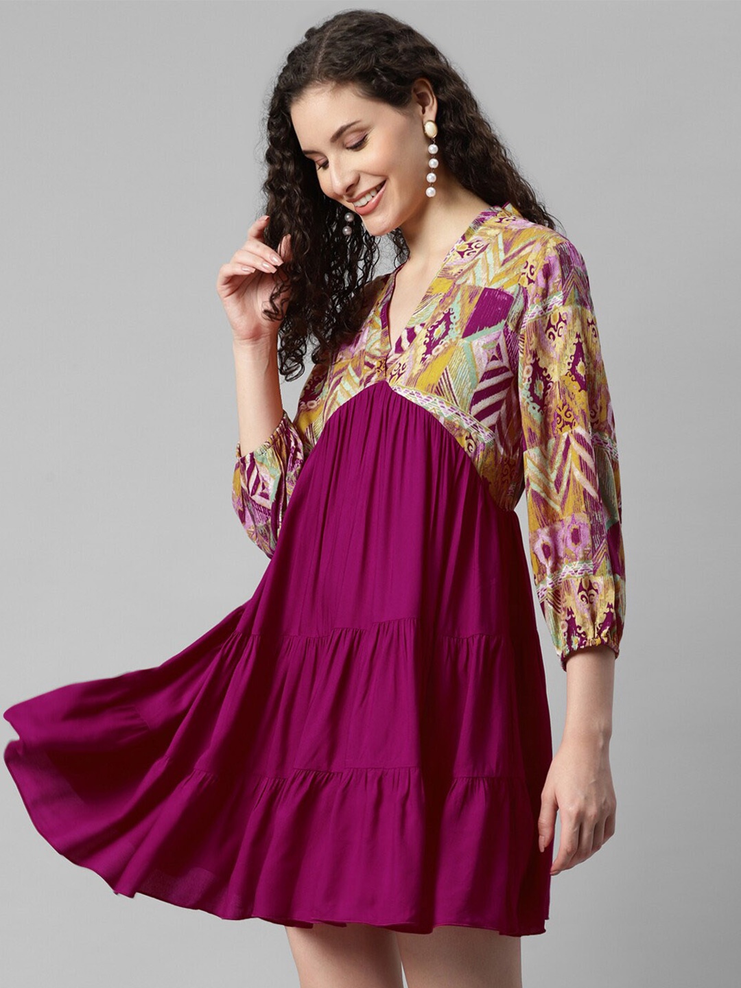 

DEEBACO V Neck Ethnic Motif Printed Tiered Puff Sleeve Gathered Empire Dress, Violet