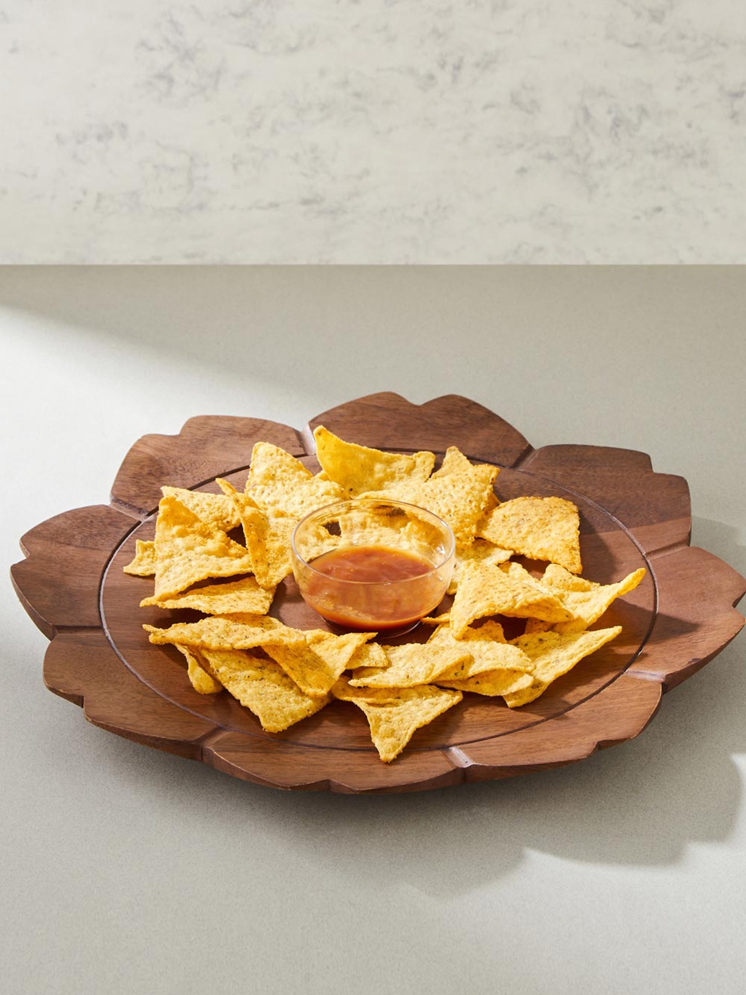 

Fabindia Arali Brown Wooden Serving Flower Chip & Dip