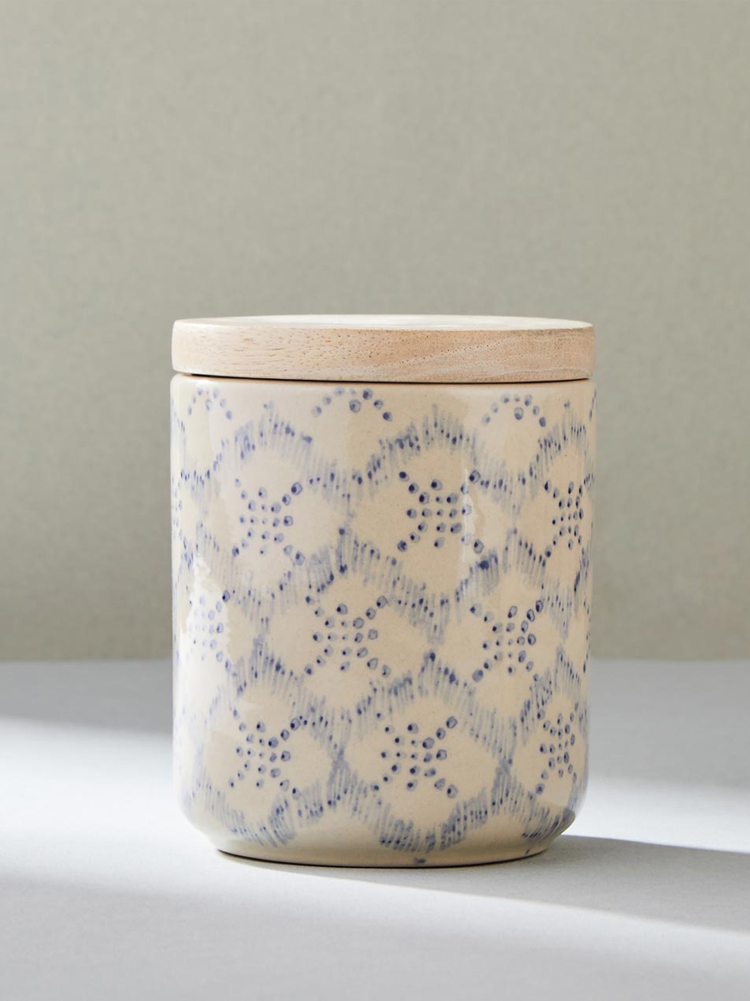 

Fabindia Aavegh Blue Printed Ceramic Dishwasher Safe Jar 350 ml