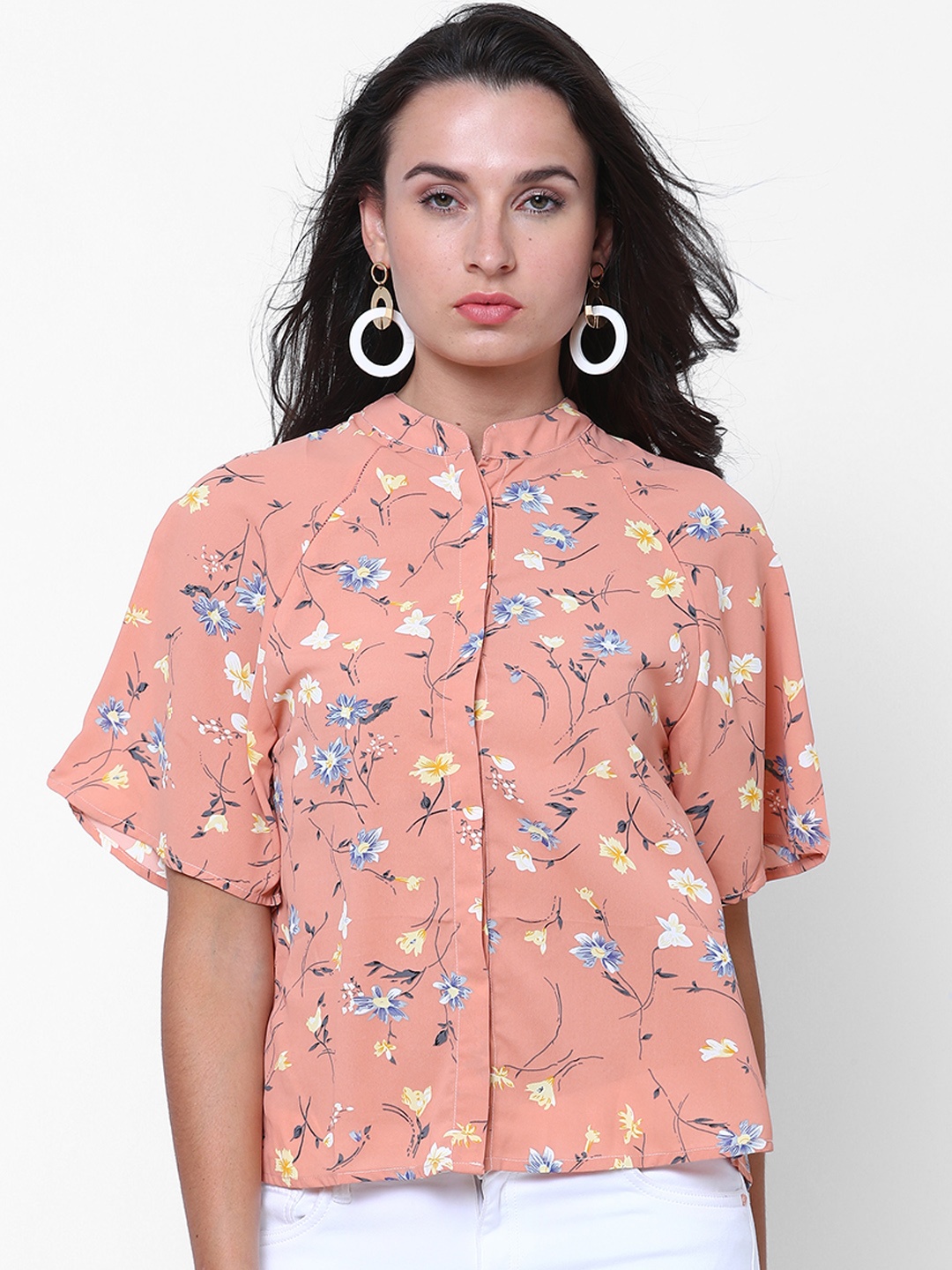 

Tokyo Talkies Women Peach-Coloured Printed Shirt Style Top