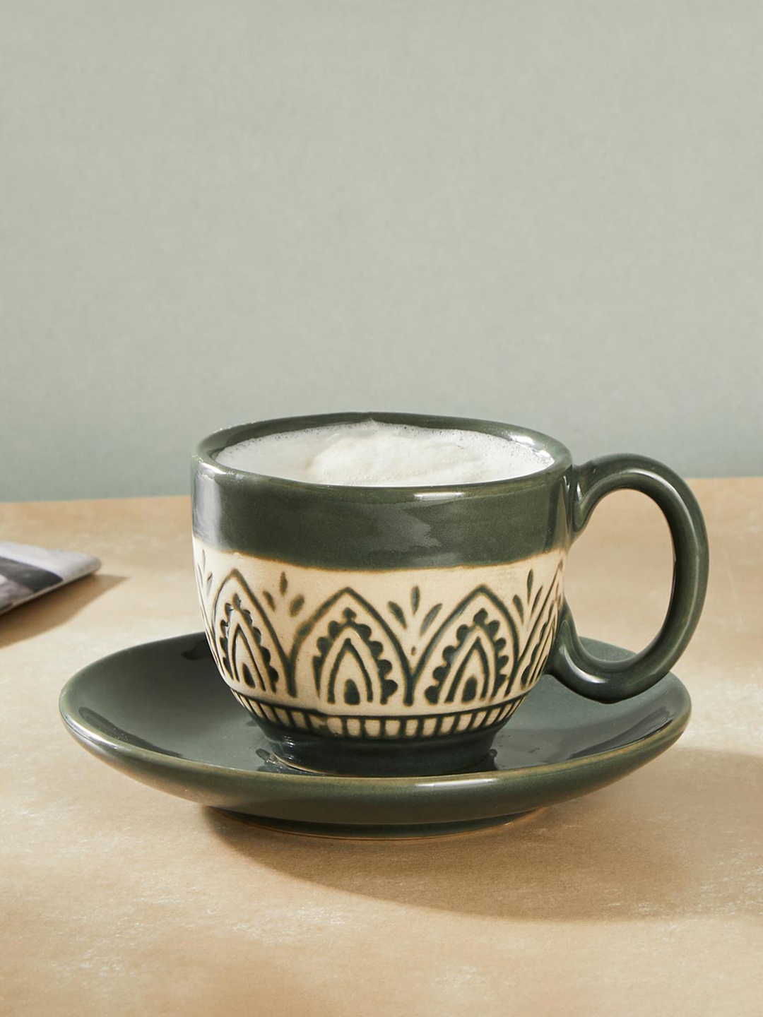 

Fabindia Leela 2 Pcs Olive Green & Cream-Coloured Ceramic Matte Cup and Saucer - 200 ML