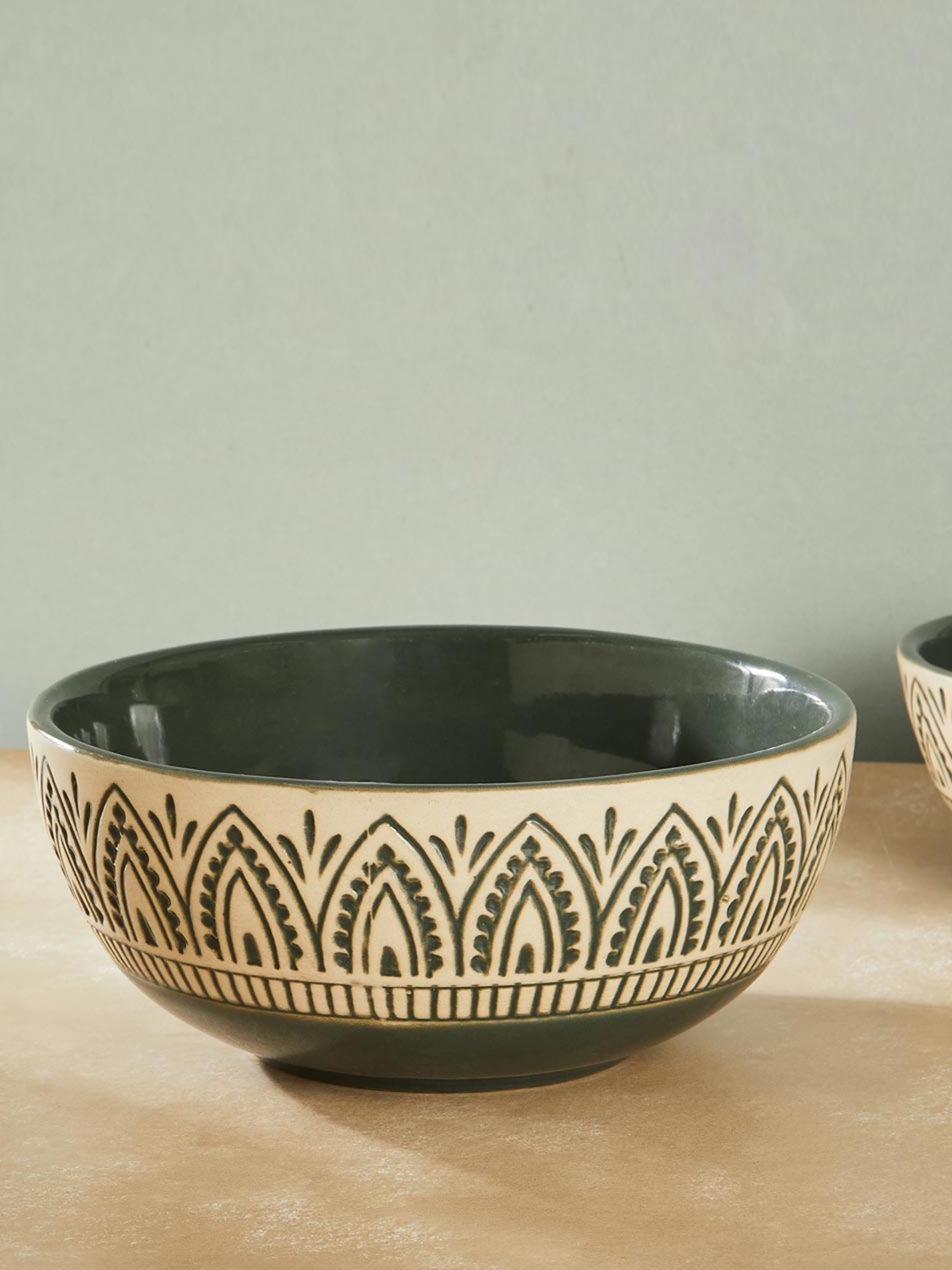 

Fabindia Leela Olive Printed Ceramic Large Serving Bowl