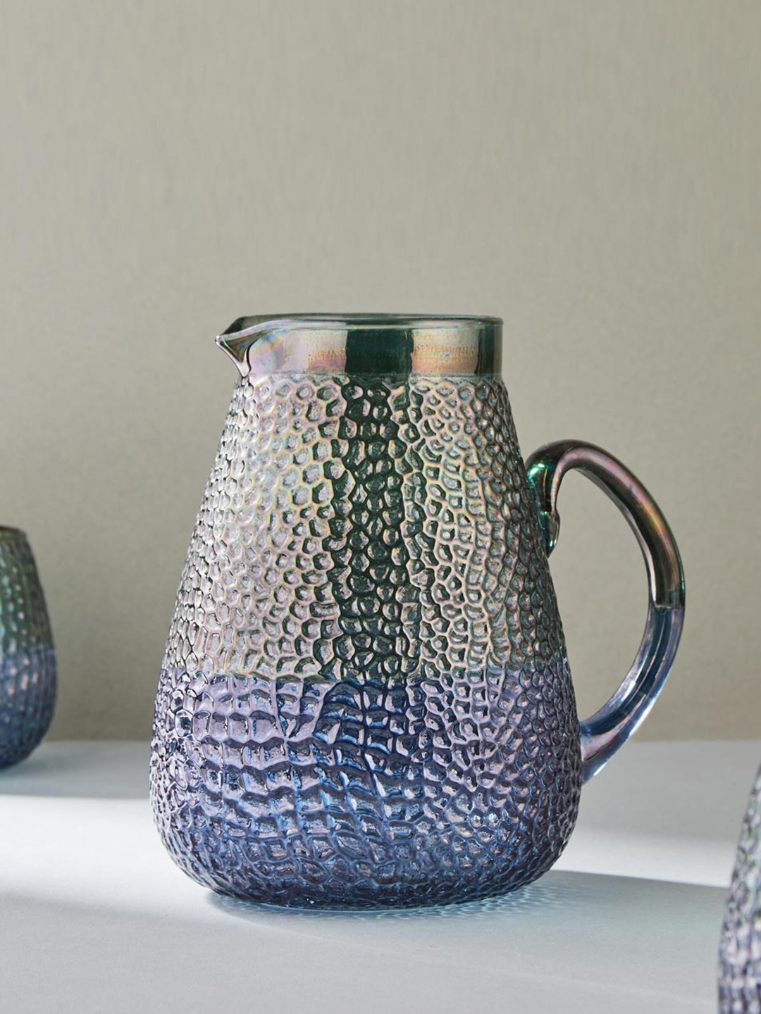 

Fabindia Pulkari Green Textured Glass Water Jug 1.25 L