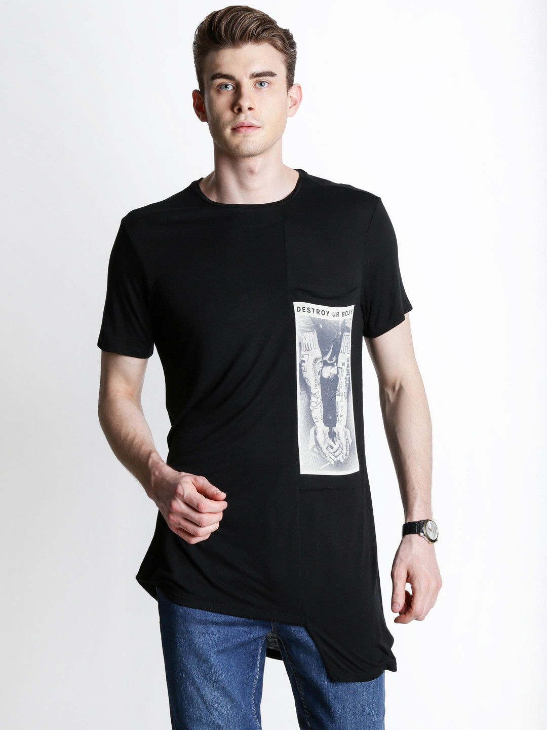 

SF JEANS by Pantaloons Men Black Printed Detail Longline Pure Cotton T-shirt