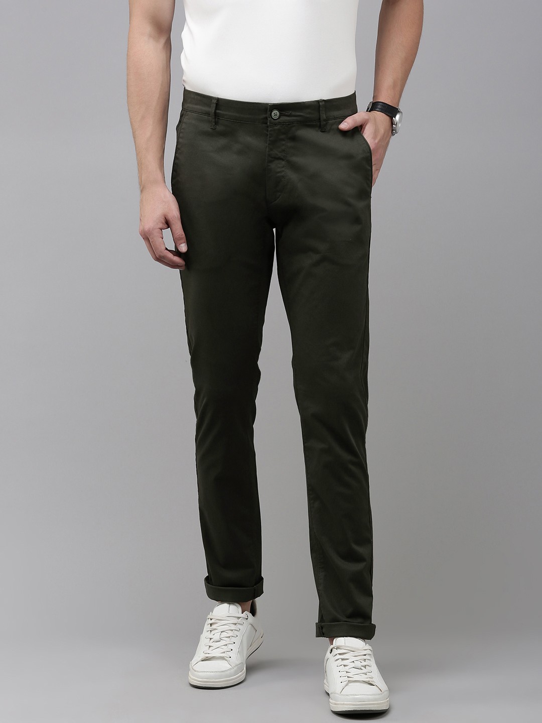 

U.S. Polo Assn. Men Solid Slim Fit Chinos Trousers, Olive