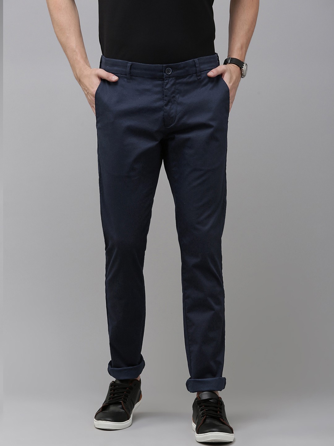 

U.S. Polo Assn. Men Mid-Rise Self Design Slim Fit Textured Chinos Trousers, Navy blue