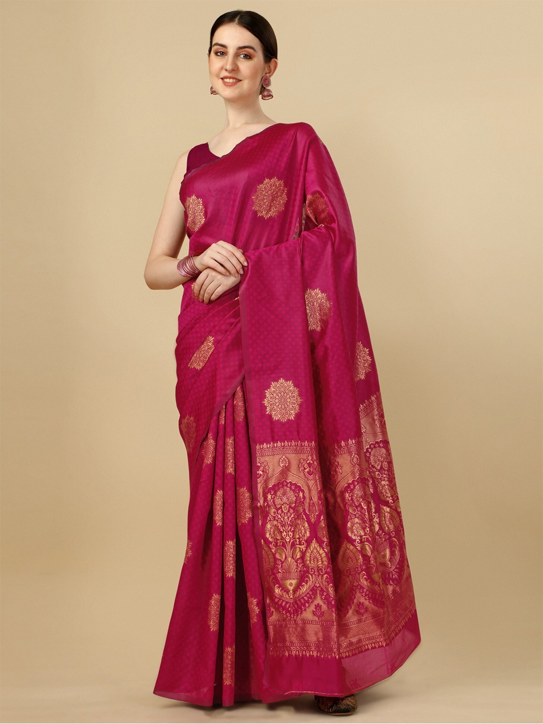 

SHIJILA Ethnic Motifs Woven Design Zari Pure Silk Kanjeevaram Saree, Pink