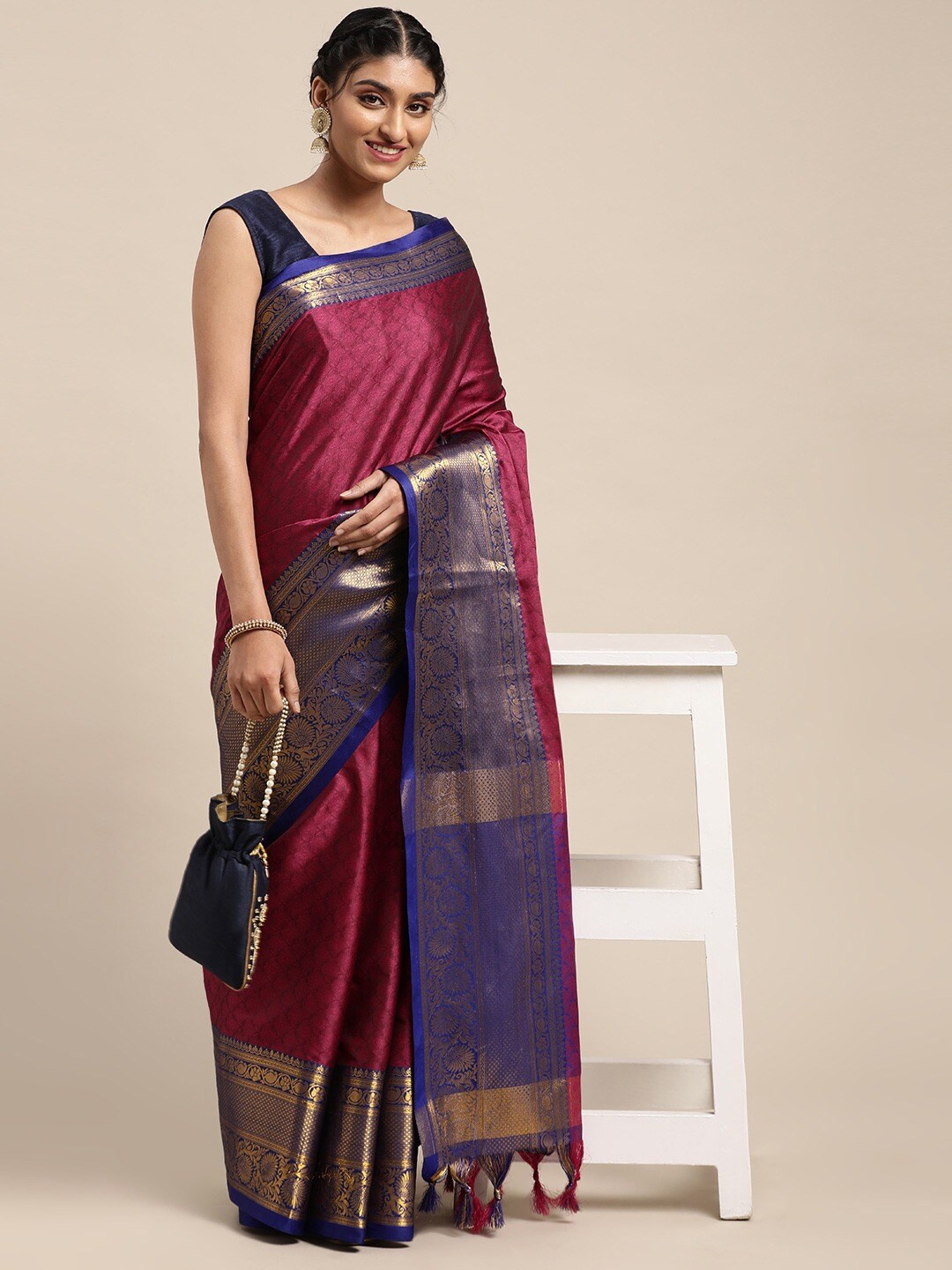 

SHIJILA Floral Woven Design Pure Silk Kanjeevaram Saree, Maroon