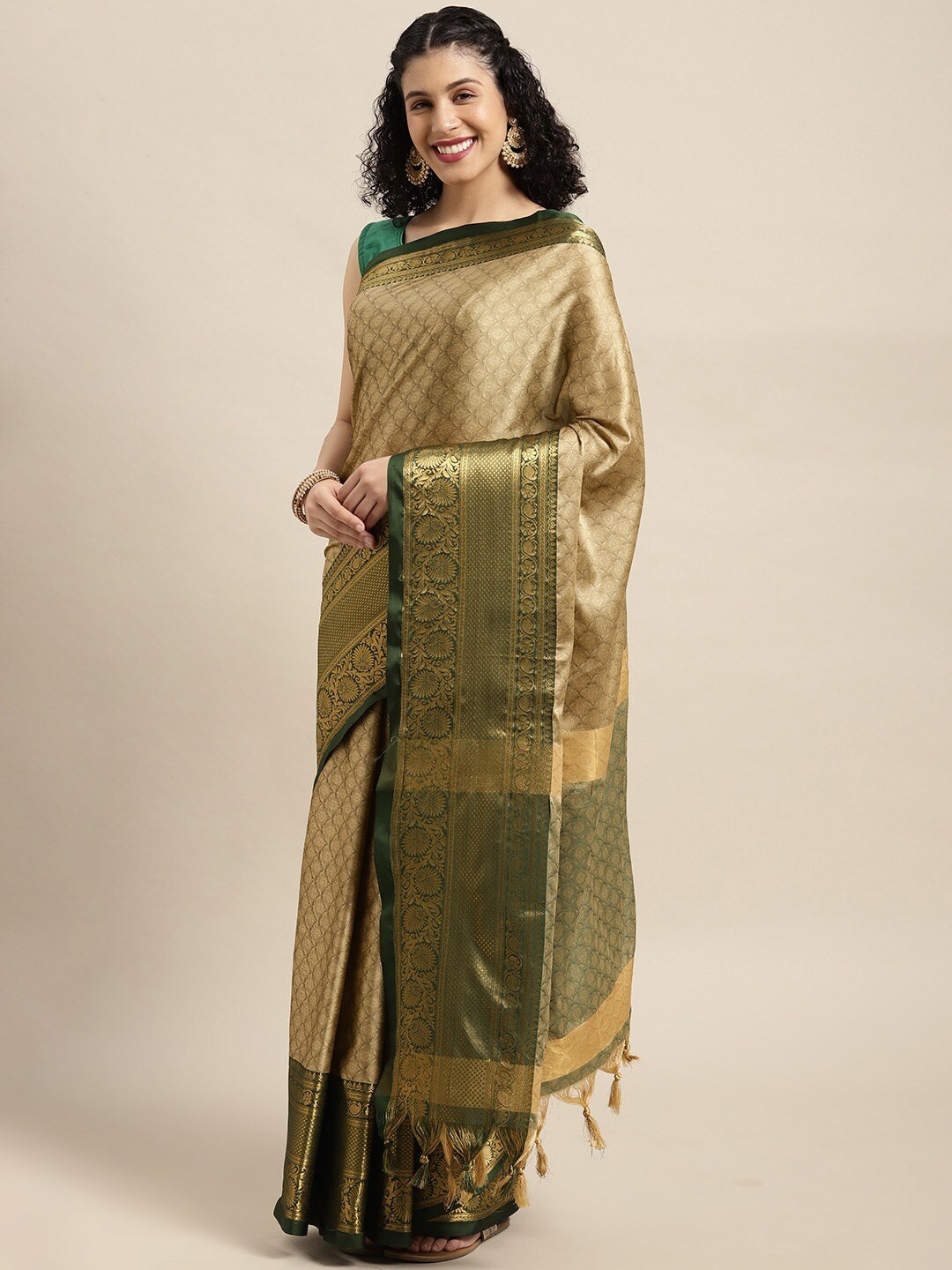 

SHIJILA Floral Woven Design Zari Pure Silk Kanjeevaram Saree, Green