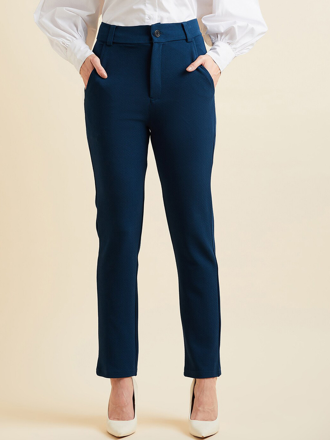 

PANIT Women Smart Straight Fit High-Rise Wrinkle Free Trouser, Blue