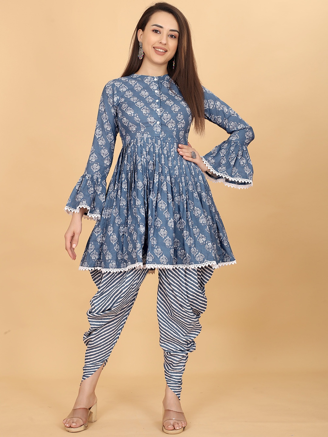 

CHANSI Ethnic Motifs Printed A Line Kurta With Dhoti Pants, Grey