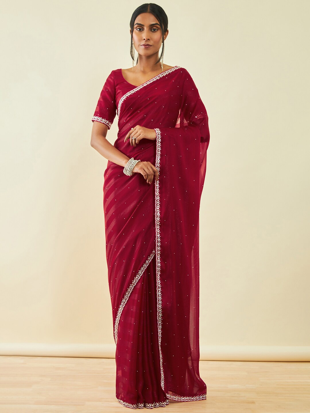 

Soch Embellished Beads and Stones Pure Chiffon Saree, Maroon