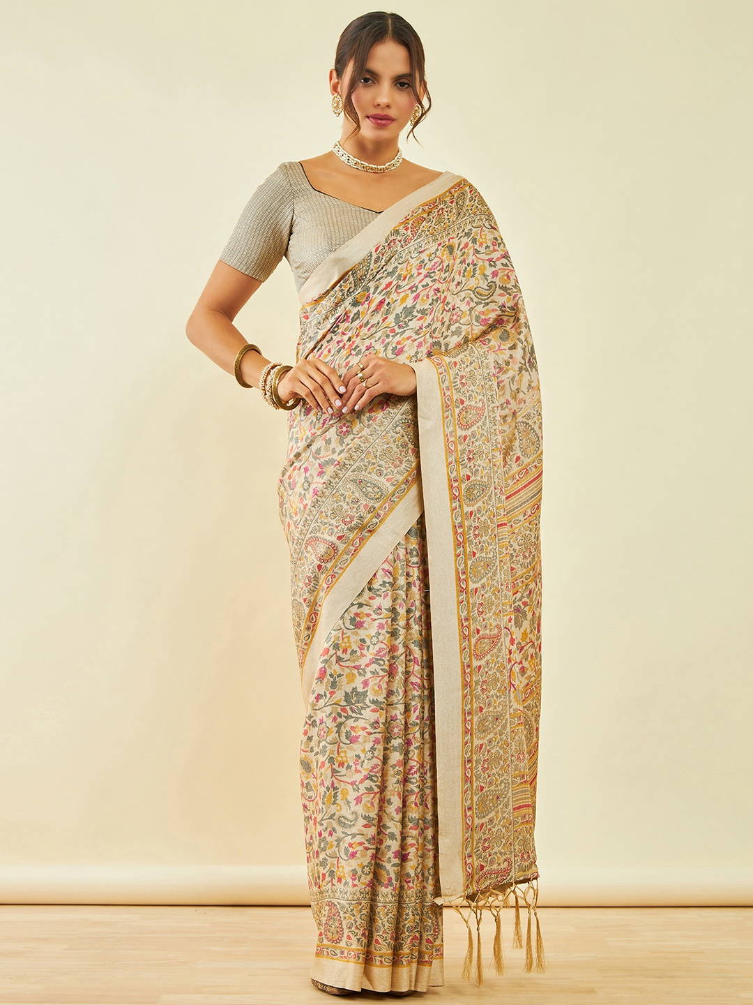 

Soch Paisley Printed Pashmina Saree, Beige