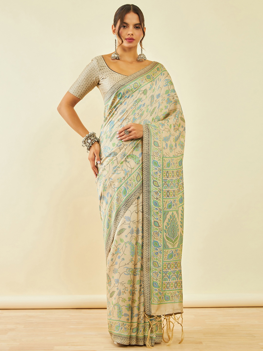 

Soch Beige & Green Paisley Printed Pashmina Saree