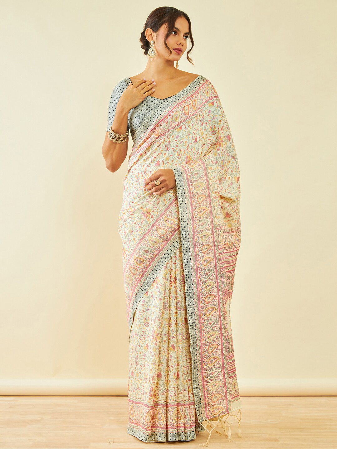 

Soch Paisley Printed Pashmina Saree With Shawl, Cream