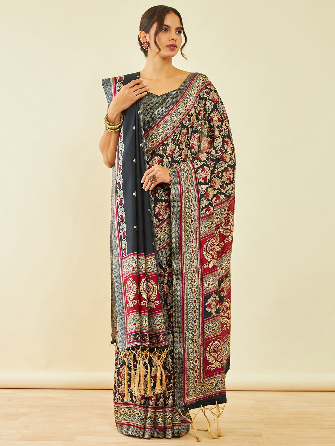 

Soch Ethnic Motifs Printed Pashmina Saree With Shawl, Black