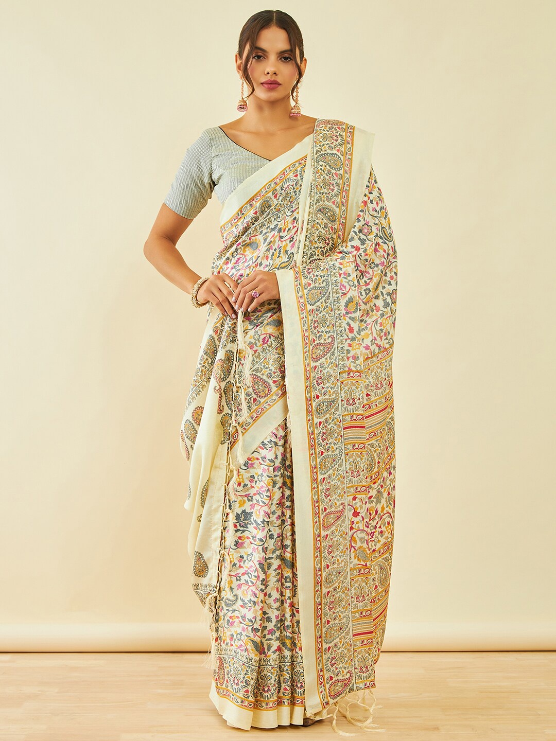 

Soch Ethnic Motifs Printed Pashmina Saree With Shawl, Cream