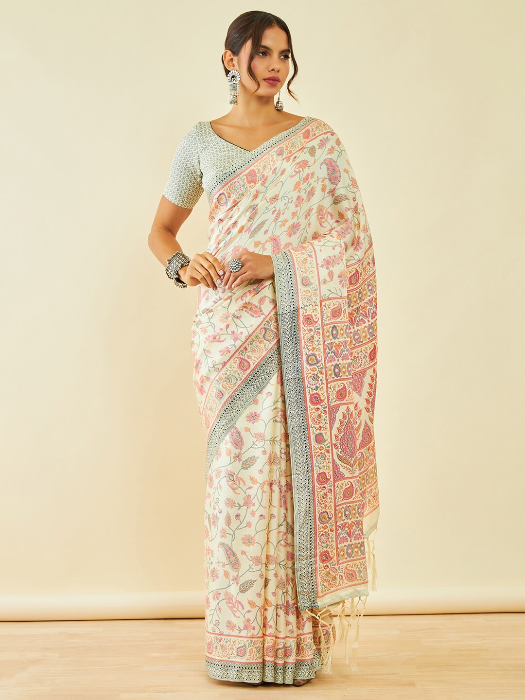 

Soch Ethnic Motifs Printed Pashmina Saree With Shawl, Cream