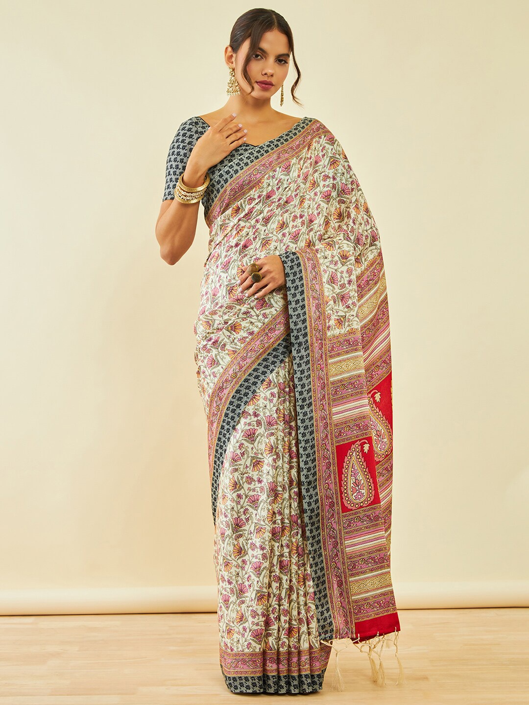 

Soch Floral Printed Pashmina Saree With Shawl, Cream