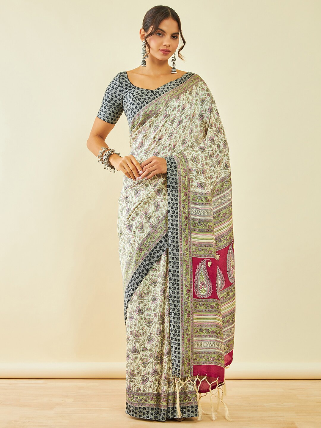 

Soch Ethnic Motifs Printed Pashmina Saree With Shawl, Cream