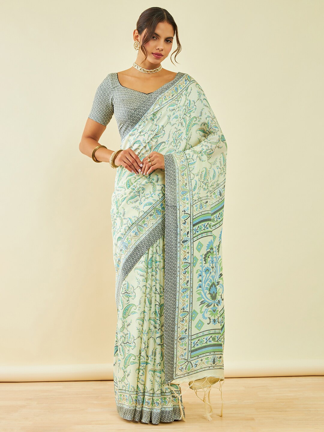 

Soch Ethnic Motifs Printed Pashmina Saree With Shawl, Cream