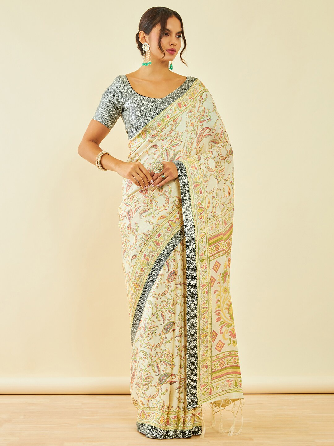 

Soch Floral Woven Design Saree With Shawl, Cream