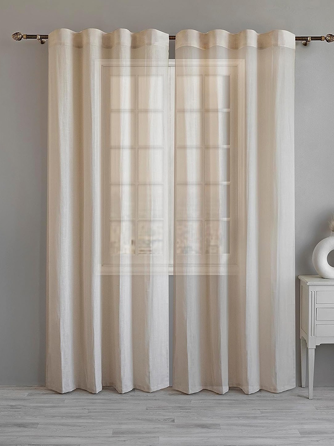 

LINENWALAS Happy Sleeping 2 Pcs Beige Semi Sheer Cotton Long Door Curtain
