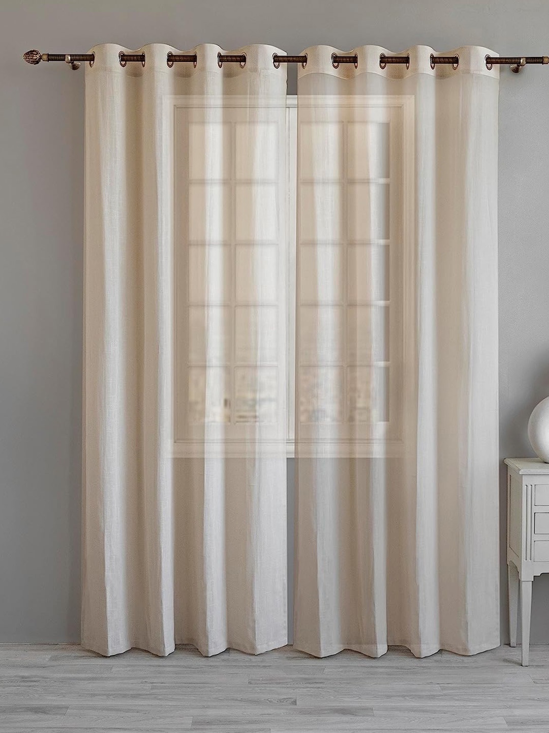 

LINENWALAS Happy Sleeping 2 Pcs Beige Semi Sheer Cotton Window Curtain