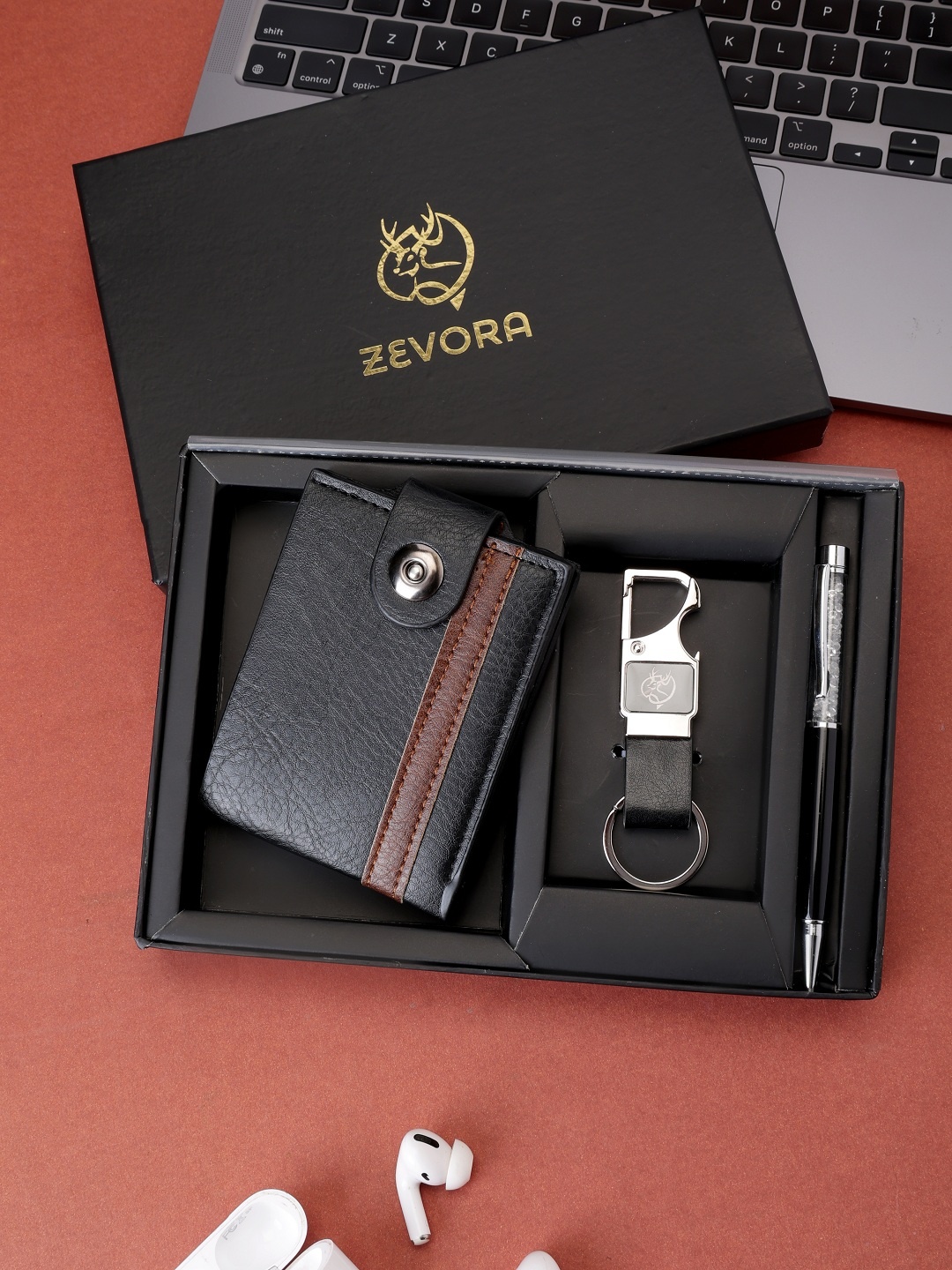 

ZEVORA Men Wallet Ball Pen & Keychain Accessory Gift Set, Black