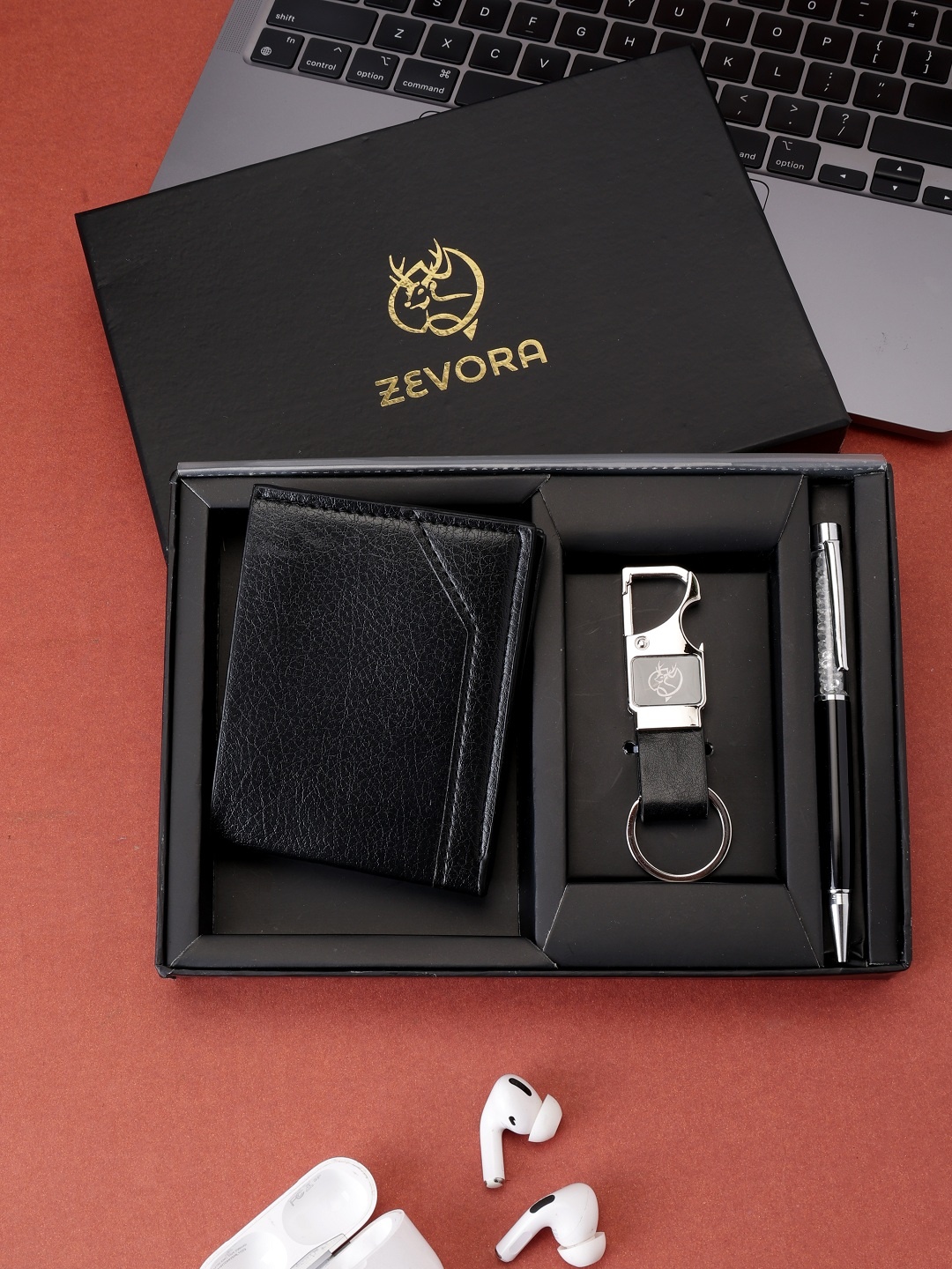 

ZEVORA Men Leather Wallet Pen & Keychain Gift Set, Black
