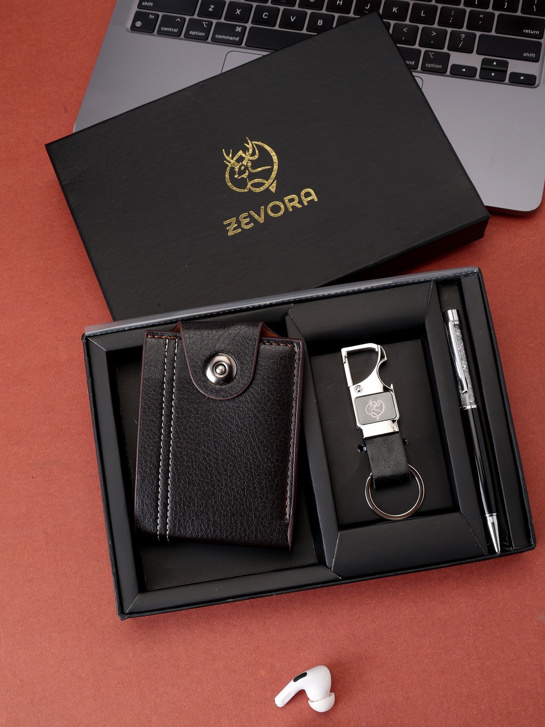 

ZEVORA Men Leather Wallet Pen & Keychain Gift Set, Brown