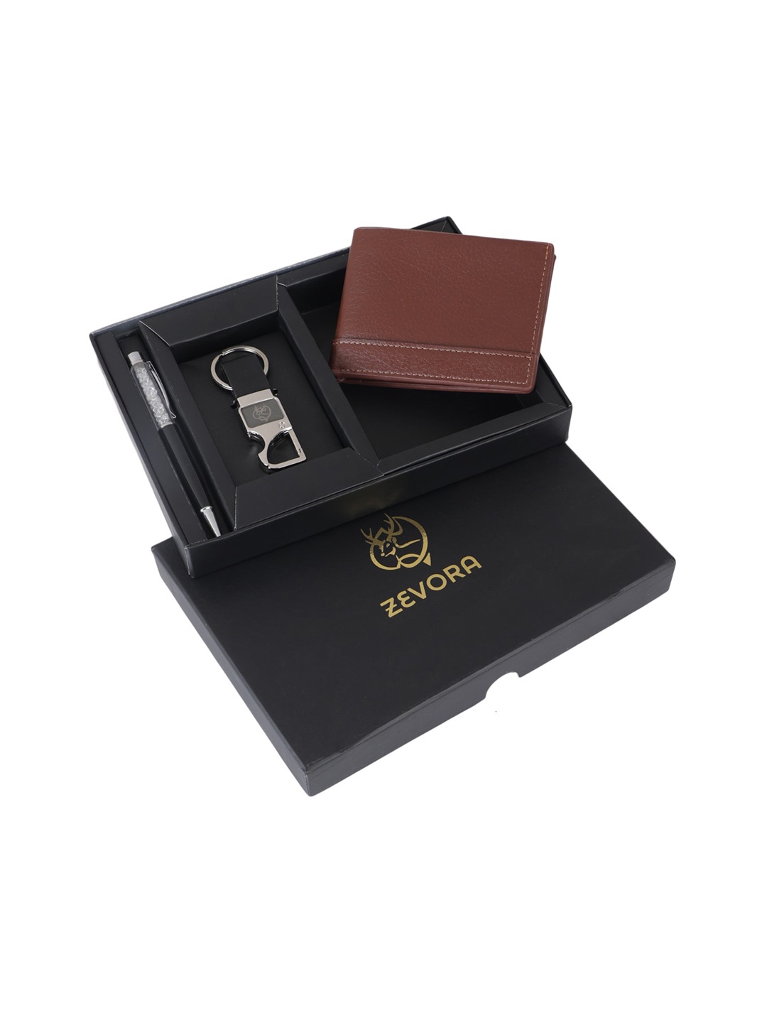 

ZEVORA Men Leather Wallet Pen & Keychain Gift Set, Brown