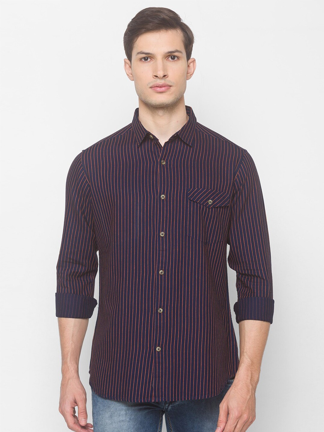 

SNX Striped Spread Collar Tailored Fit Cotton Casual Shirt, Navy blue