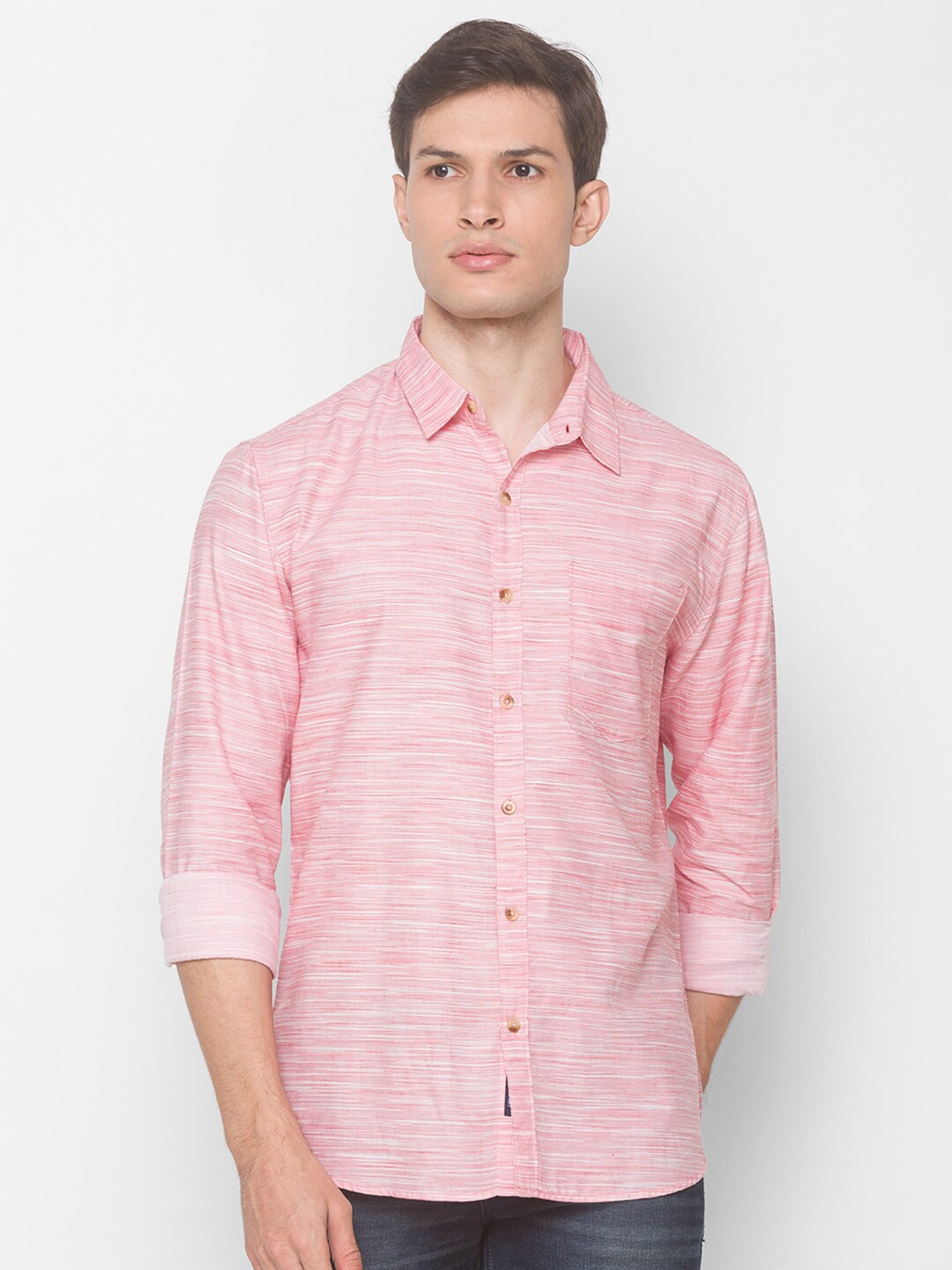 

SNX Self Design Textured Spread Collar Tailored Fit Cotton Casual Shirt, Red