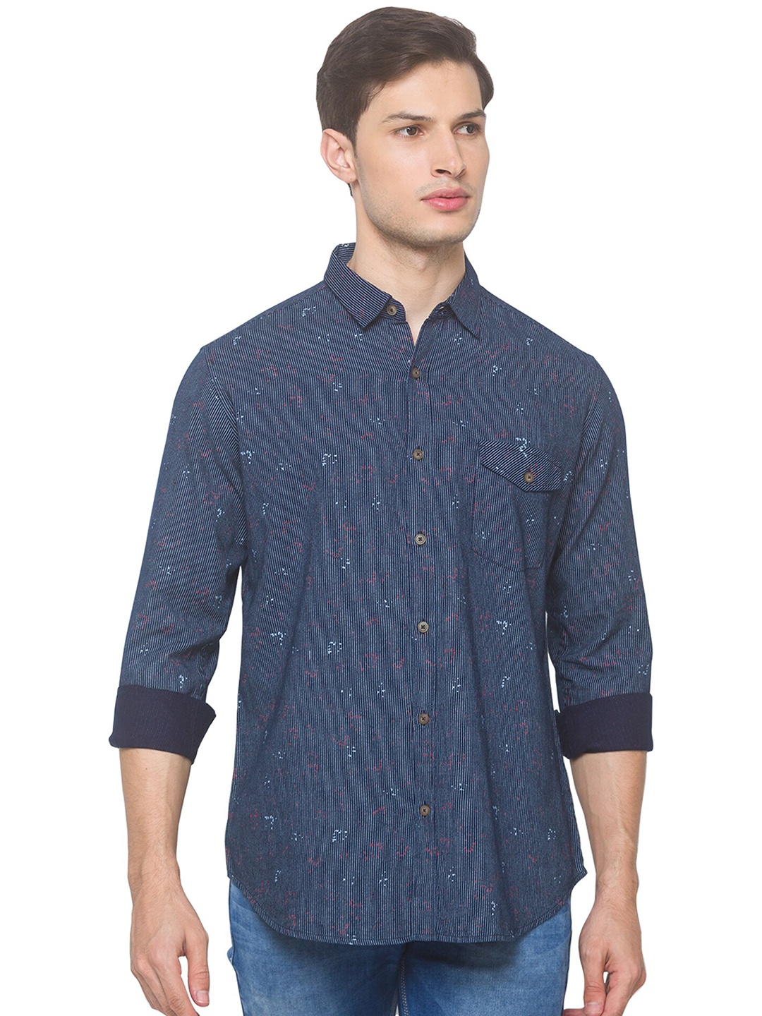 

SNX Abstract Printed Spread Collar Tailored Fit Cotton Casual Shirt, Navy blue