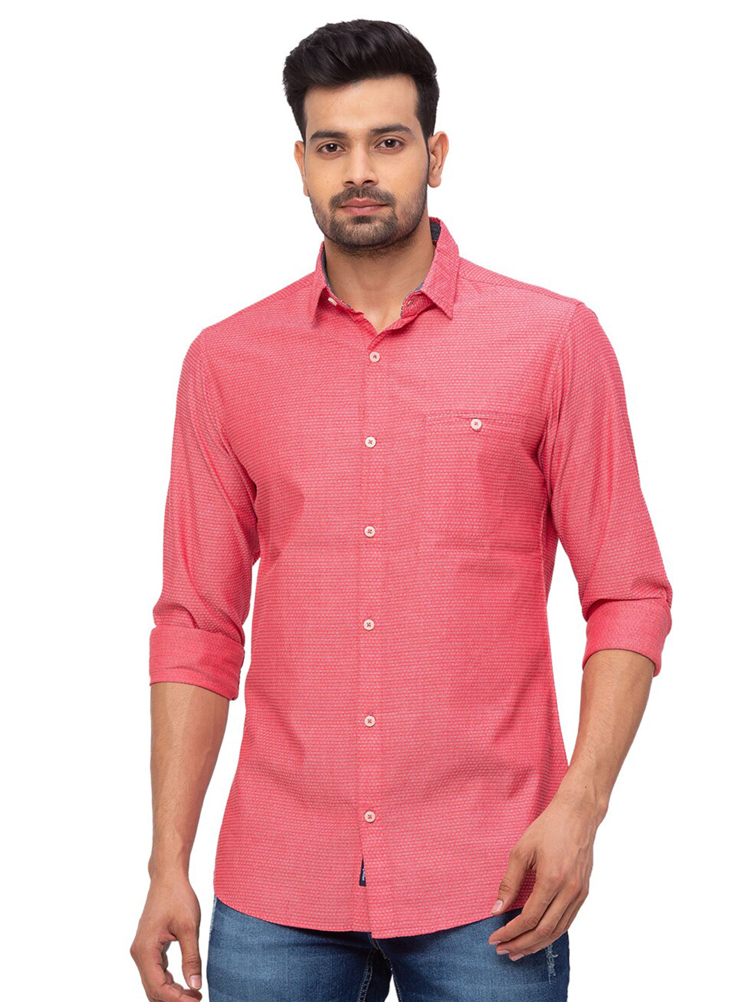 

SNX Classic Tailored Fit Opaque Micro Ditsy Printed Pure Cotton Casual Shirt, Red