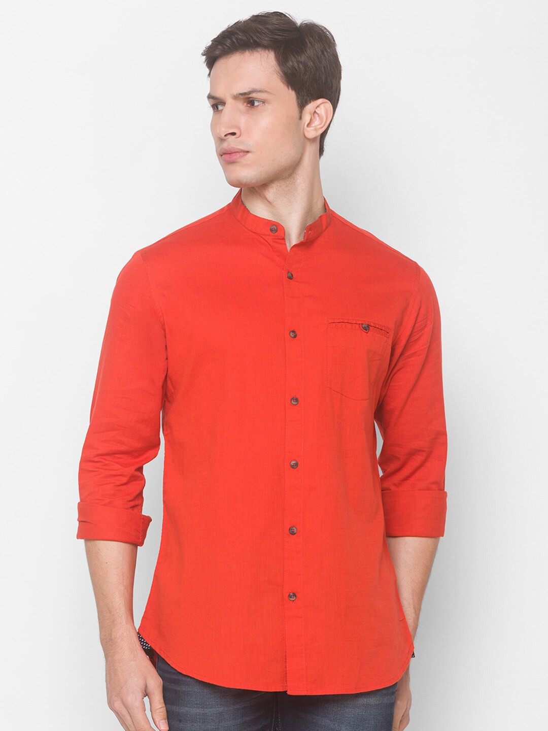

SNX Classic Tailored Fit Opaque Band Collar Pure Cotton Casual Shirt, Red