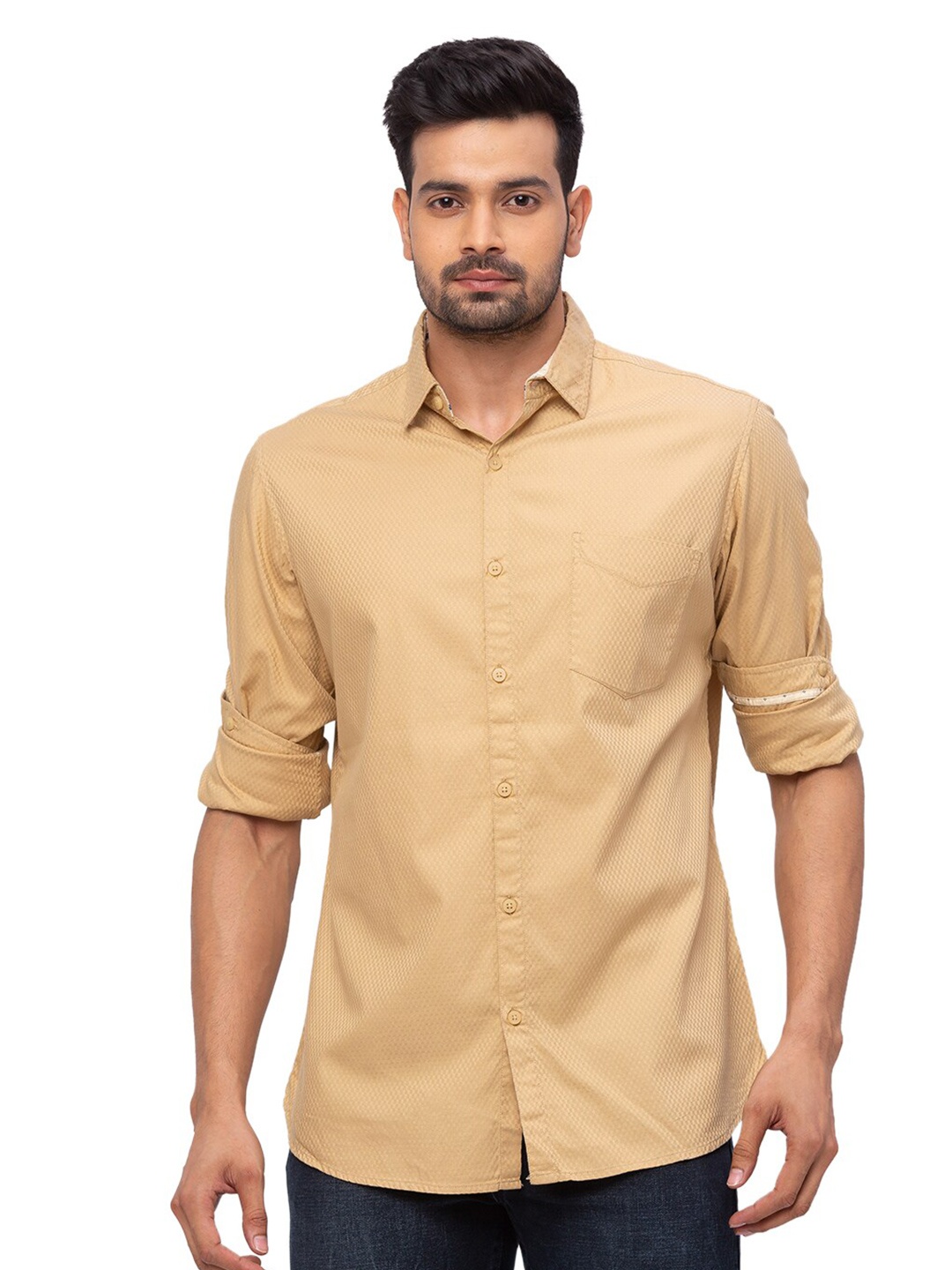 

SNX Classic Tailored Fit Opaque Micro Ditsy Printed Pure Cotton Casual Shirt, Beige