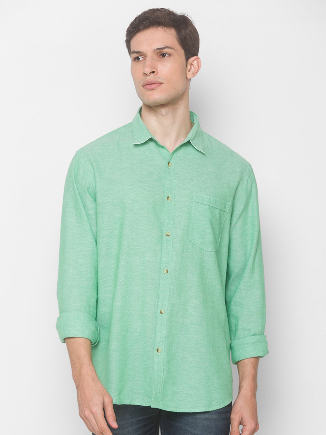

SNX Classic Tailored Fit Opaque Self Design Pure Cotton Casual Shirt, Green